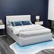 Artiss Queen Bed Frame Platform Tufted Headboard Frames Gas Lift Beds Base with Storage Space Bedroom Room Decor Home Furniture, Upholstered with White PVC Leather + Foam + Wood