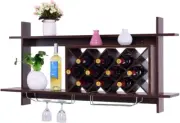Wine Rack Wall Mounted, 6-Bottle Wood Hanging Wall Wine Rack Shelf W/Glass Holde