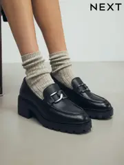 Black Forever Comfort® Leather Chunky Hardware Heel Loafers (B24380) | $46