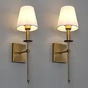 Buyee Industrial Wall Sconce Set of 2 White Fabric Shade Hardwired Indoor Wall Sconce Bedroom Wall Lamp Bathroom Vanity Light Fixture Antique Brass Column Stand