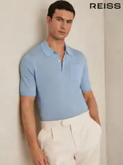 Reiss Mid Blue Nelson Patch Pocket Knit Polo Shirt (F18352) | $155
