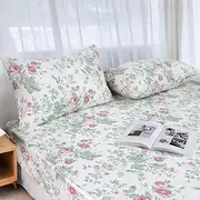 [Helthep] Floral Sheet Set Twin, 100% Cotton Pink Rose Printed Sheets Green Leaves Pattern Sheets Botanical Shabby French Country Sheet with 17.5" Deep Pocket, Crispy Percale Bedding Set