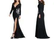 MAC DUGGAL 41016 Black Plunge Embellished Hi-Slit Stretch Trumpet Maxi Gown 10