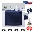 Elegant Navy Hemstitch Linen Table Runner 18x108