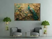 Elegant Floral Art Blue & Gold Peacock Unframed Canvas Print Australian Wall Art