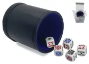 16mm Premium Rounded Corners Poker Dice White + PU Leather Blue Felt Lined Cup
