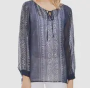 $85 Vince Camuto Women's Blue Woodblock Chiffon Peasant Blouse Top Size Small
