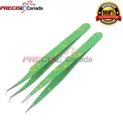 2 Pcs Straight & Curved Tip Tweezers for Eyelash Extensions Green Design Color