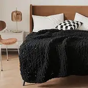 WESHIONGOO Chunky Knit Blanket Throw Knitted Throw Blankets for Couch Bed Fluffy Soft Blanket with Jumbo Chenille Yarn Thick 100% Handmade (Black, 50"×60")