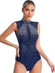 [Choomomo] Women's Gymnastics Leotards Sleeveless Mock Neck Rhinestones Mesh Backless Bodysuit Ballet Dance Tops