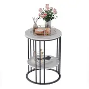 Fin 2-Tier Black Marble Side Table Round Coffee Table Nightstand Jewellery Storage