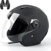 Open Face Motorcycle Helmet with Motorcycle Gloves for Men and Women Vintage 3/4 Scooter Helmet ECE Approved Lightweight Modular Half Helmet