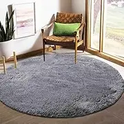 Tinyboy-hbq Round Area Rug Fluffy Rug for Bedroom Bathroom Living Room Rug Floor Mat Soft Fluffy Washable Rug Non Slip Circular Rug Shaggy Bedroom Bedside Household Carpet,Bedroom Rug(Gray, 100cm)