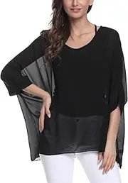 [Qunsia] Women's Chiffon Caftan Poncho Tunic Top Cover up Batwing Blouse