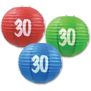 3 Paper Lanterns 9.5" Dia 30th Birthday Anniversary Party Decorations