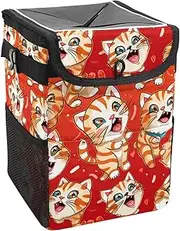 Car Trash Can with Lid and Storage Pockets Leak-Proof Organizer,Waterproof Garbage Can,Floral Happy Tiger