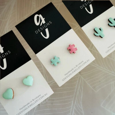 Kids Stud Earrings - Wooden - Handpainted - Glossy Resin - Cactus - Puzzle Pi...