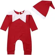 Lesimsam Newborn Baby Boy Girl Elf on the Shelf Costume Christmas Costume Long Sleeve Romper Jumpsuit Bodysuit with Hat (Red, 0-6 Months)
