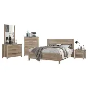 5 Pieces Bedroom Suite Natural Wood Like MDF Structure Double Size Oak Colour Bed, Bedside Table, Tallboy & Dresser