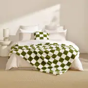 Dreamaker Checkered Plush Throw Blanket Olive & Cream - 180 x 200cm