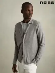 Reiss Warm Grey Melange Forbes Merino Wool Button-Through Cardigan (AC9355) | $240
