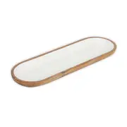 White Enamel and Acacia Wood Oval Platter