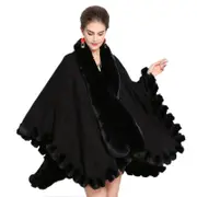 Nevenka Womens Faux Fox Fur Trim Cardigan Shawl Oversized Cape-Black