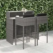 3 Piece Garden Bar Set with Cushions Poly Rattan Grey, Garden Furniture Sets