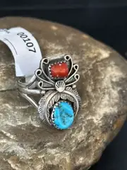 Blue Kingman Turquoise & Coral Navajo Sterling Silver Ring Size 10 00107