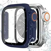 2Pcs PC Firm Cover for Apple Watch Case 45mm 41mm 44mm 40mm Glass Appearance Upgrade 49mm Turning into Ultra iWatch 9 8 7 6 5 4 SE,Midnight Blue+Orange/Transparent+Orange 40mm