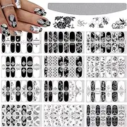 EBANKU 12 Sheets Black White Nail Polish Strips, Full Wrap Adhesive Nail Polish Stickers with 1 Nail File, Leaves Flower Vine Pattern Nail Wrap Stickers for Women Nail Art Decorations