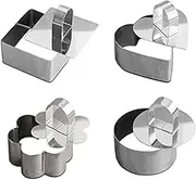 FONDOTIN 4Pcs Stainless Steel Cake Mold with Push Board Creative Baking Tools for Home Kitchen Heart Round Flower Square Patterns for Elegant Cake Making and Easy Cleanup