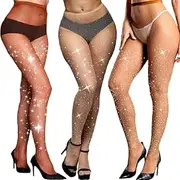 [Generic] 3 PCS Sexy Sparkle Rhinestone Fishnet Stockings Pantyhose, High Waist Sparkly Party Tights for Women