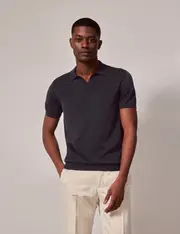 Hawes & Curtis Navy Open Collar Knitted Cotton Polo Shirt - Short Sleeve