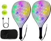 Beginner Tennis Racket, USB Luminous Beach Paddle Game Set – Carbon Fibre Paddle Accessories with 2 Balls for Adults and for Training and Travel