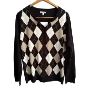 Croft & Barrow Argyle Cardigan Sweater XL NWT Black Tan Academia Prep Tennis