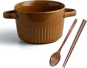 Soup Bowls with Handles Noodle Ramen Curry Bowl,Ramen Bowl with Chopsticks and Ramen Spoons,Ramen Bowl Set for 1 Person,Ceramic Soup Bowl-Blue-1200ml,21.5x15.5x10cm(Color:Yellow)