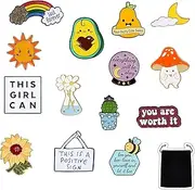 [peony man] 14 Pieces Enamel Pins Set Cute Positive Enamel Lapel Pin Inspirational Cartoon Brooch Pin Badges with Storage Bag for Women Clothing Bags Hats Decorations