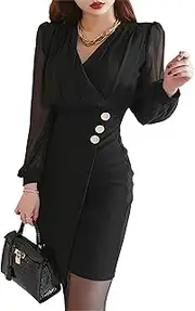 [Generic] Ladies' Business Short Gown Elegant Mesh Sleeves Dresses Wrap Temperament Occupation Dress