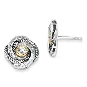 14K/Silver Two-Tone Sterling Silver & Gold-Plated Cz Antiqued Post Earrings