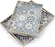 AGIOTA 2 Pack Serving Tray with Handles, Blue Rectangle Coffee Table Tray, Large Ottoman Tray for Living Room, Bathroom, Kitchen Boho Decorative Tray, Large+Small