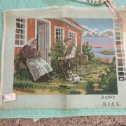 Vintage 16” X 12” Hand Painted Needlepoint Canvas Steen & Strom Old Couple Cabin