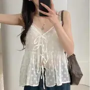 Floral Hem Tie Front Camisole Top White - One Size