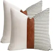 [cygnus] Set of 2 Farmhouse Decor Stripe Patchwork Linen Throw Pillow Covers,Modern Tan Faux Leather Accent Pillow Covers 18x18 inch,Gray