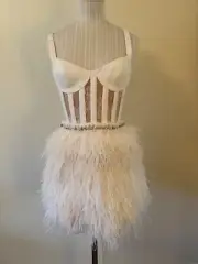 Alice + Olivia By Stacy Bennett Feather-Skirt Minidress Size 2 Off White New Tag