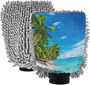 XYMZR Beach Palm Tree Sky Absorbent Microfiber Car Wash Mitt, Funny Cute Anime Scratch Free for Cars Cleaning, Home Cleaning Mitts, 2 Pack, 10.24” L x 7.09” W
