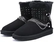 [UGG NOCK] Womens Boots Ladies Mini Crystal Chain Winter Snow Boots Water Resistant Australian Sheepskin Wool