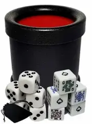 16mm White Poker Dice w/Spades "Ace' + Pip Dice + Dice Cup + Storage Pouch Set