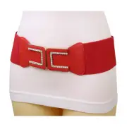 Women Elastic Wide Coral Red Color High Waist Hip Belt Gold Square Buckle S M