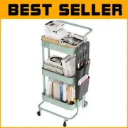 Stylish Green 3-Tier Rolling Utility Cart with Removable Table Top & 4 Hooks